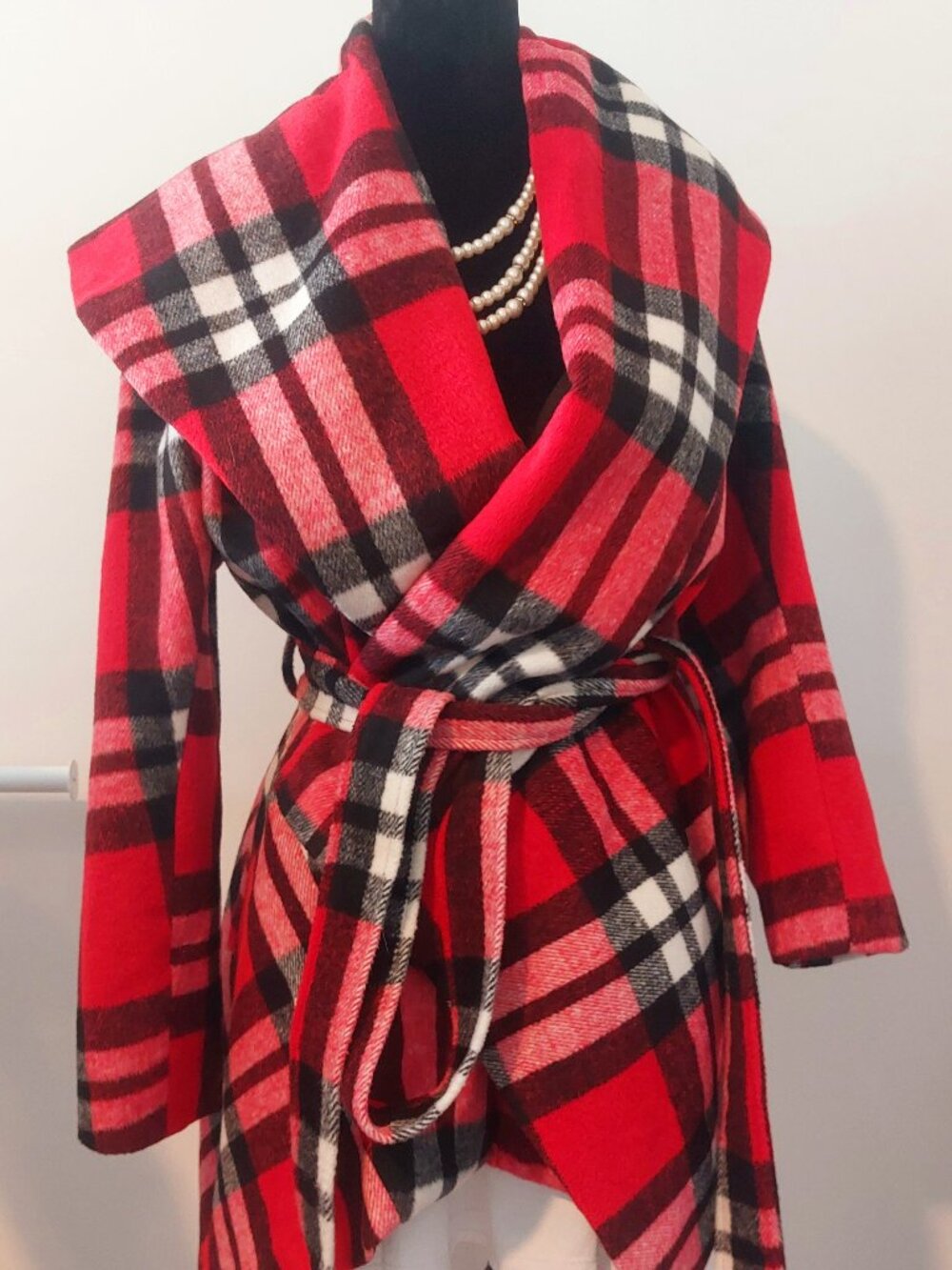 Vibrant Red Plaid Belted Drape Front Cardigan Jacket M